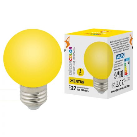 Лампа декоративная светодиодная LED-G60-3W/YELLOW/E27/FR/С Форма шар матовая Цвет желтый Картон ТМ Volpe