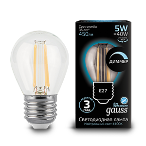 Лампа светодиодная LED 5 Вт 450 Лм 4100К белая Е27 Шар Filament Gauss