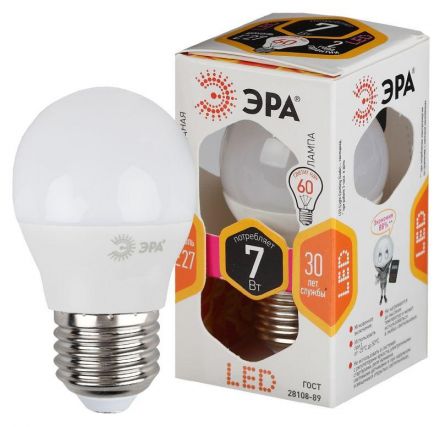 Лампа светодиодная Эра LED P45-7W-827-E27 (диод, шар, 7Вт, тепл, E27)