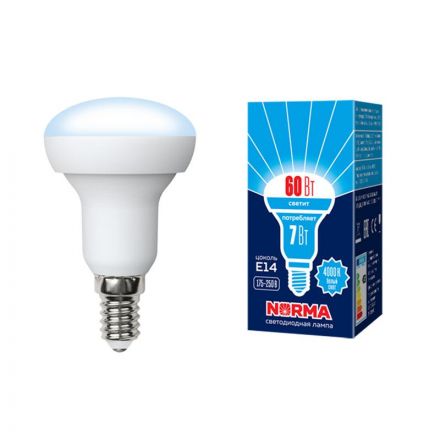 Лампа светодиодная LED-R50-7W/NW/E14/FR/NR Форма Рефлектор, матовая. Серия Norma. Белый свет (4000K). Картон. ТМ Volpe